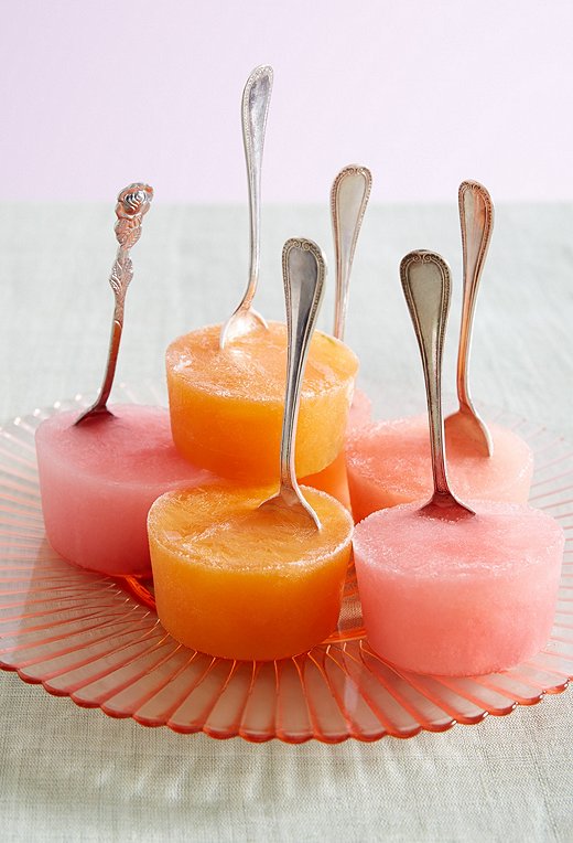 Light and pretty, these ethereal fresh-fruit-juice pops mimic the shape of small cakes, making them perfect for piling on a cake stand or a vintage cake plate.
